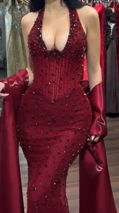 Gorgeous Burgundy Halter Beaded Mermaid Long Party Dress Birthday Dress With Shawl SP2223