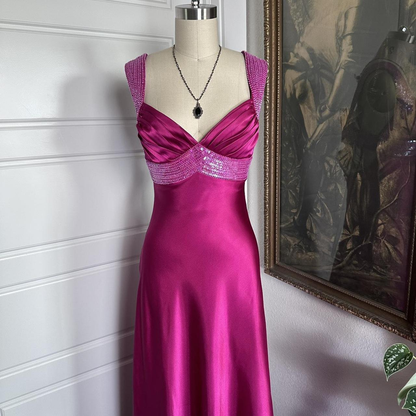 Pretty V Neck Hot Pink Satin Sequin Beaded Long Party Dress Formal Wedding Guest Dress SP996