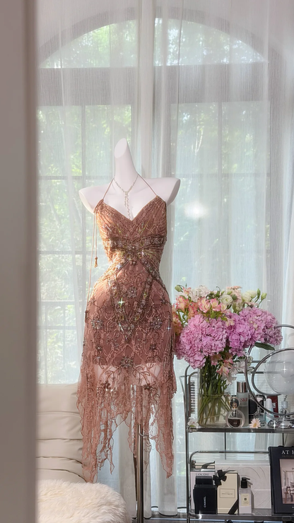 Pretty Halter V Neck Lace Beaded Sheath Short Homecoming Dress Birthday Dress SP3798