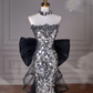 Black Glitter Sequins Tulle Mermaid Prom Dress,Strapless Evening Dress With Bow Y8615