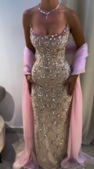 Pretty Sequin Beaded Pink Strapless Mermaid Prom Dress Long Birthday Party Dress SP774
