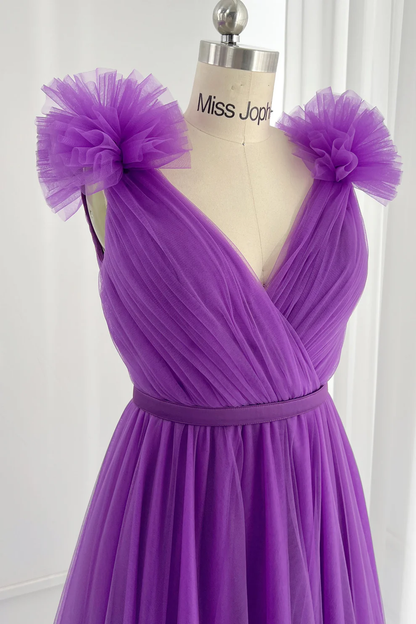 Sexy Purple Tulle Layered Ruffles Prom Dress,A Line Long Evening Dress Y8225
