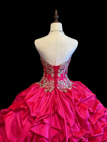 Retro Hot Pink Satin Pleated Embroidered Beaded Quinceanera Dress Sweetheart Neck Sweet 16 Dress SP4087