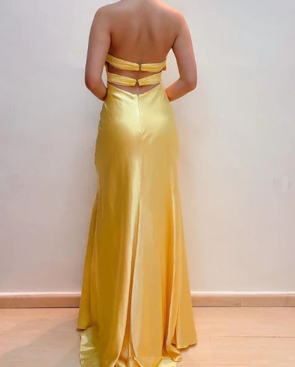 Elegant Yellow Halter Satin Beaded Prom Dress,Slit Mermaid Party Evening Dress Y8426