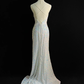 Sparkly White Spaghetti Straps Sequins Prom Dress,Mermaid Slit Tassel Evening Dress Y8648