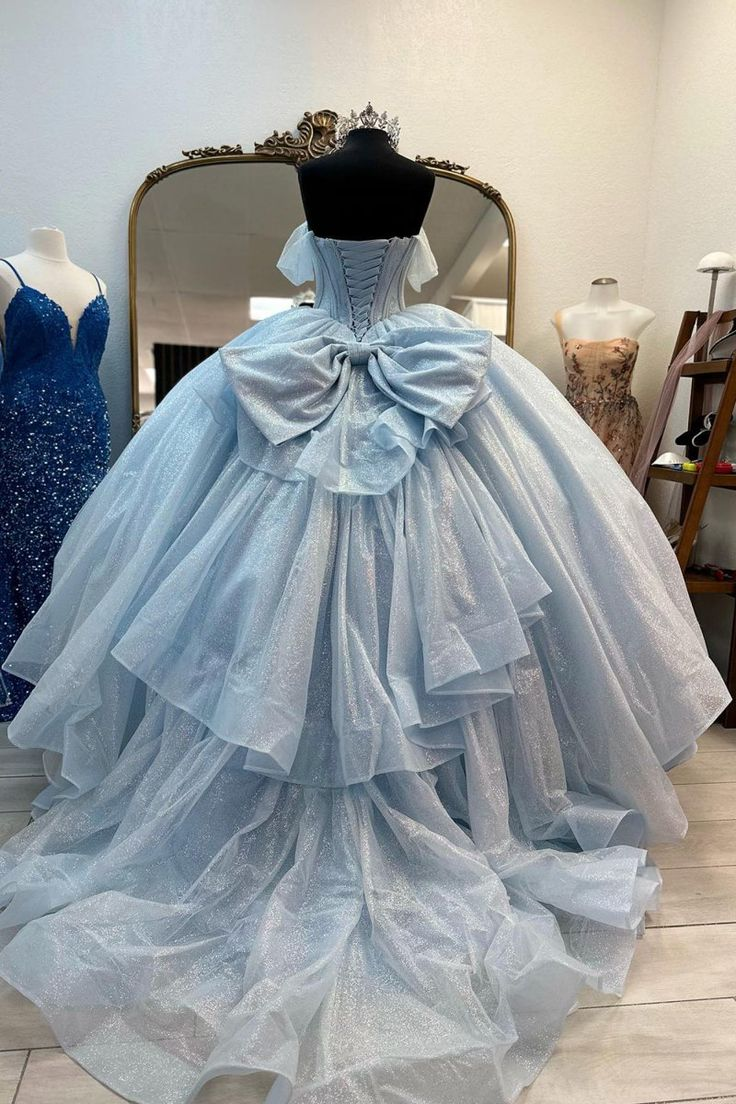 Sweet Light Blue Off-the-Shoulder Quinceañera Dress Ball Gown With Bow SP570