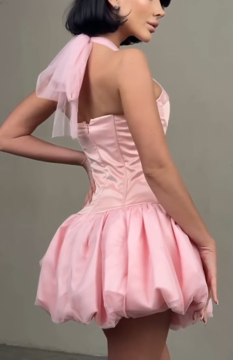 Sweet Halter Pink Satin Tulle A Line Short 19th Birthday Outfits,Mini Homecoming Dress SP3220