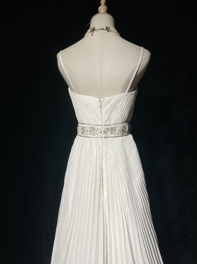 Classy Spaghetti Straps Chiffon Beaded Mermaid Party Dress White Birthday Prom Gowns SP1856