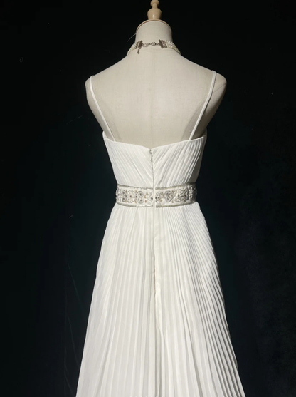 Classy Spaghetti Straps Chiffon Beaded Mermaid Party Dress White Birthday Prom Gowns SP1856