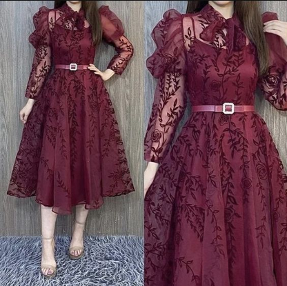 Burgundy A line tulle lace prom dress tulle party dress Y5715