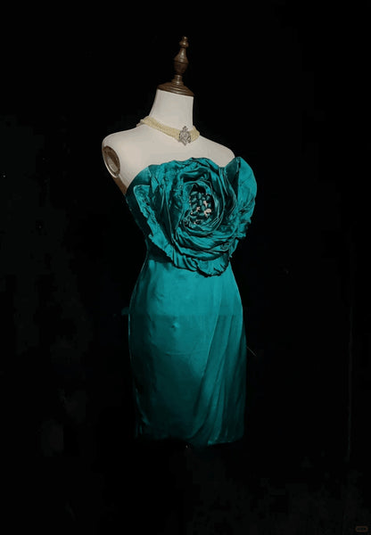 Unique Green Strapless Satin Sheath Cocktail Dress,Short 6th Grade Homecoming Dress With 3D Flower SP2921