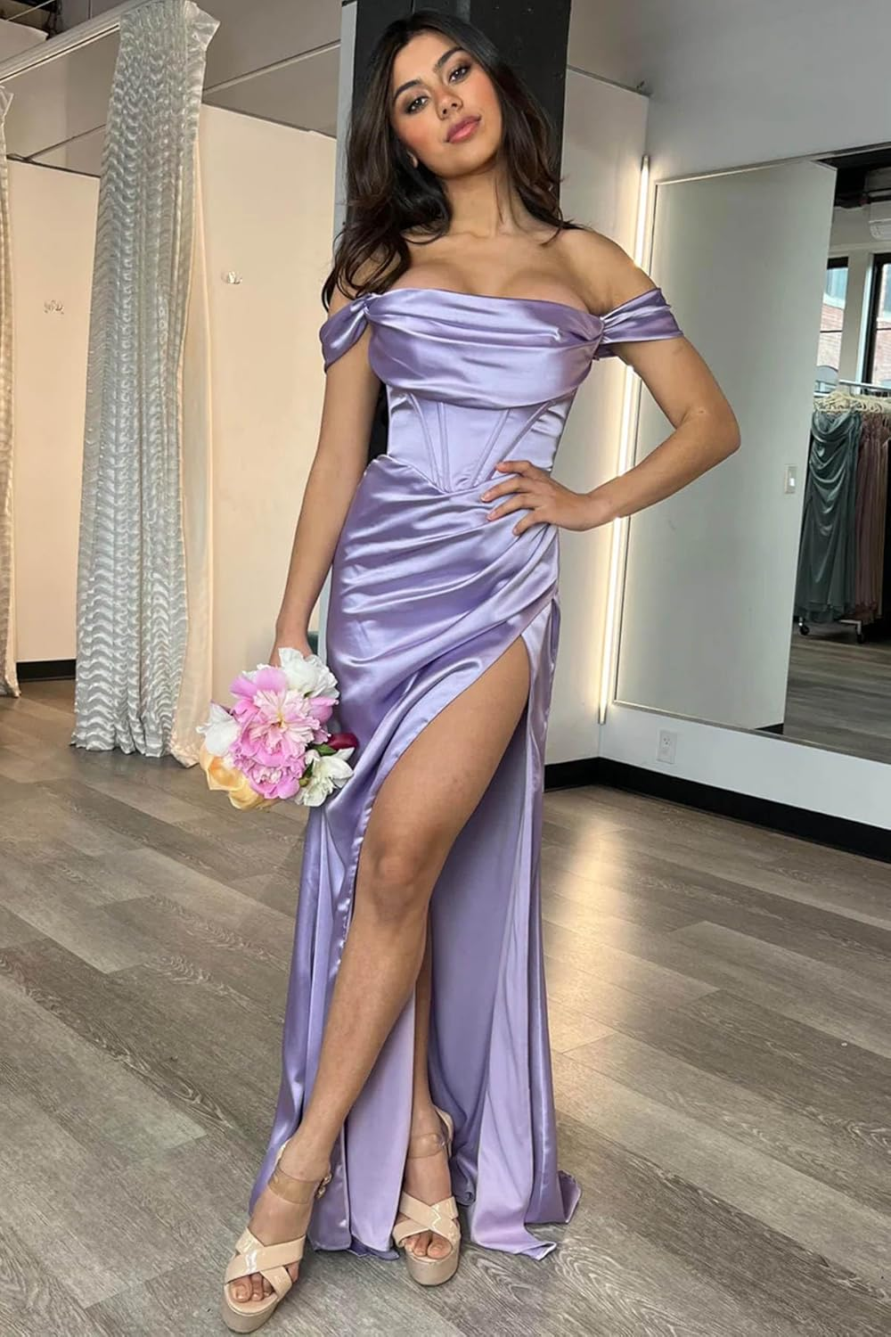 Burgundy Satin Off The Shoulder Slit Prom Dress Evening Dress Y7831