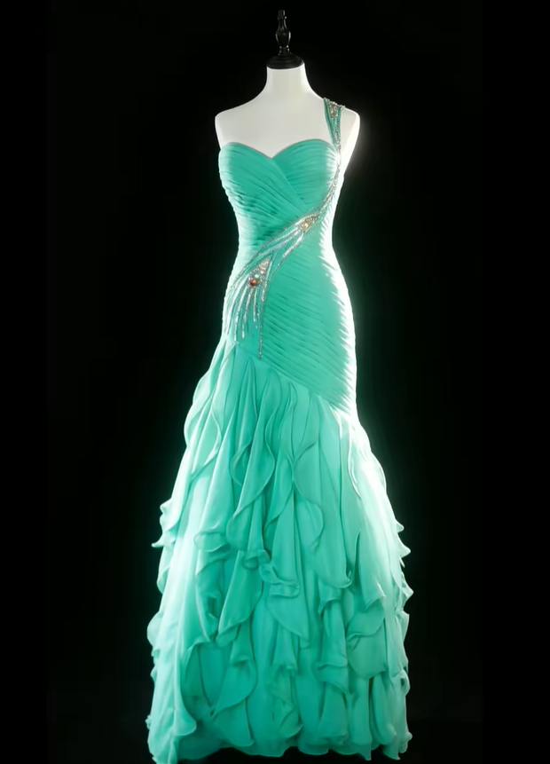 Classy One Shoulder Green Satin Beaded Pleated Chiffon Ruffle Mermaid Long Party Dress 20th Birthday Outfits SP1852