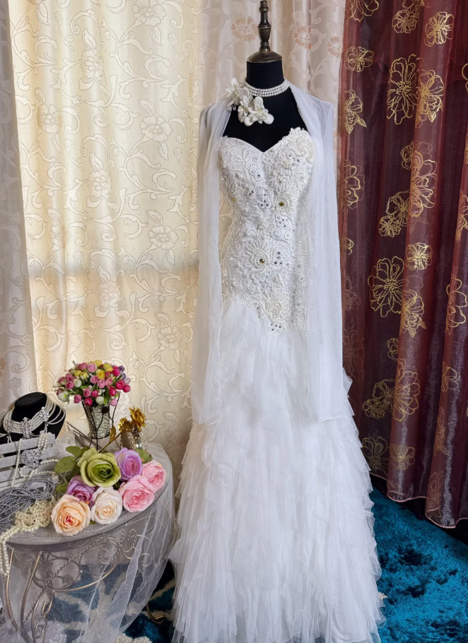 Glamorous Strapless White Lace Appliques Beaded Mermaid Long Evening Dress Birthday Prom Dress SP1615