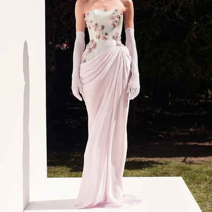 Elegant Strapless Pink Satin Chiffon Pleated Mermaid Long Party Dress Birthday Prom Gown With Gloves SP4127