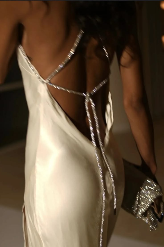 Trendy Sheath Halter Neck White Long Party Dress,Backless Slit Satin Beaded Long Evening Gown SP2489