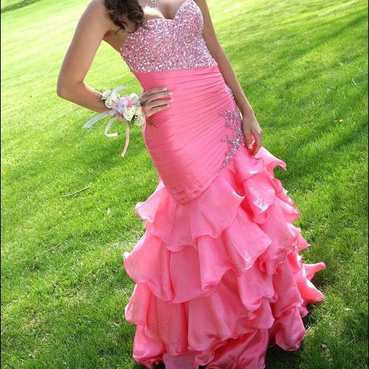 Pretty Pink Strapless Satin Beaded Pleated Ruffles Long Wedding Guest Dress Mermaid Party Dress SP1177