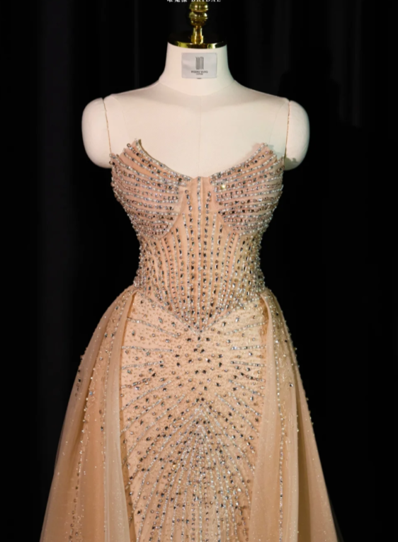 Luxurious Champagne Strapless Tulle Beaded Mermaid Long Evening Dress 18th Birthday Dress SP2233