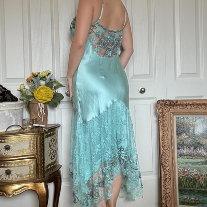 Classy Spaghetti Straps Blue V Neck Satin Lace Beaded Mermaid Party Dress Long Birthday Prom Gown SP814