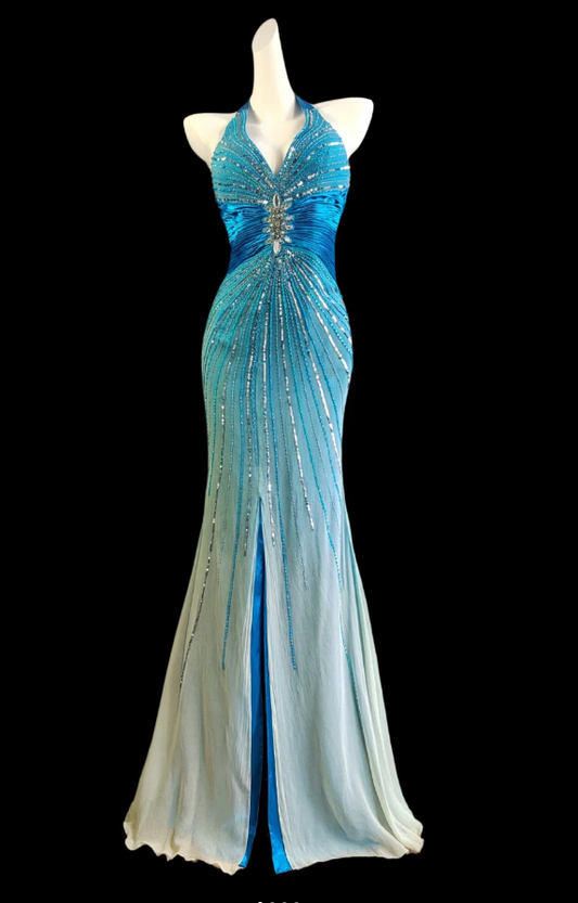 Chic Ombre Blue Halter Chiffon Sequin Beaded Slit Mermaid Party Dress Long Prom Gown SP416