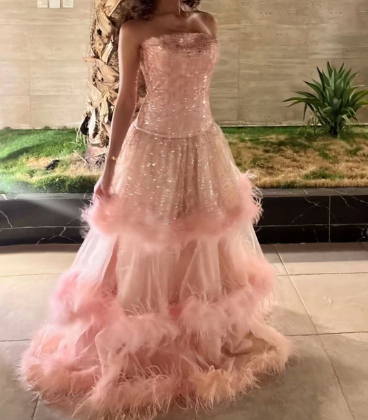 Charming Pink Strapless Tulle Sequin Layered Long Evening Dress Formal Prom Dress With Feathers SP1296