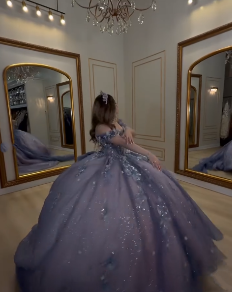 Gorgeous Off The Shoulder Purple Tulle Sequin Appliques Beaded Princess Quinceanera Dress Sweet 16 Dress SP1031