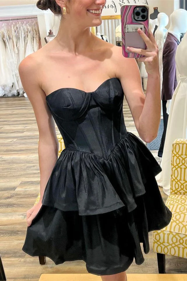 Black Strapless Satin Multi-Layers Homecoming Dress  Y2070