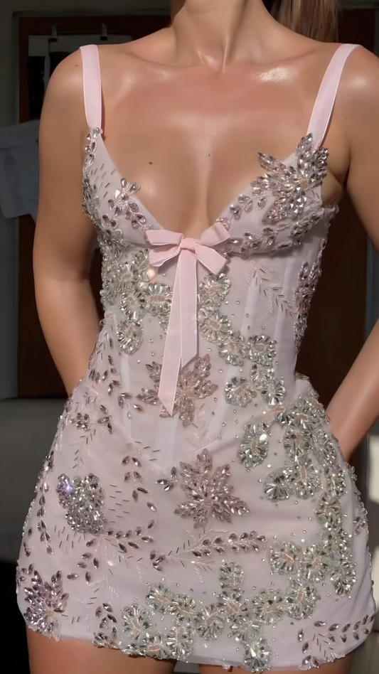 Charming V Neck Tulle Beaded Sheath Mini Birthday Dress,Pink Short Homecoming Dress SP2653