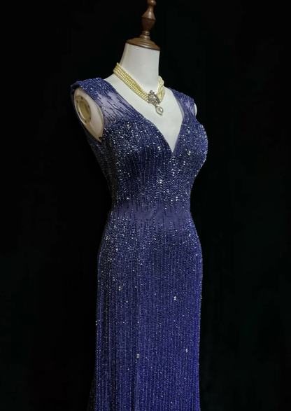 Gorgeous V Neck Dark Purple Tulle Beaded Mermaid Long Evening Dress Backless Prom Gown SP1963