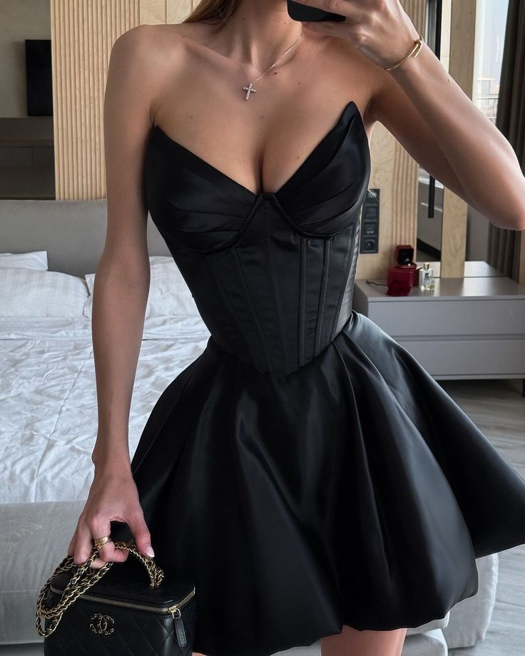Sexy Black Satin Short Graduation Homecoming Dress,Strapless A Line Mini Cocktail Dress SP2805