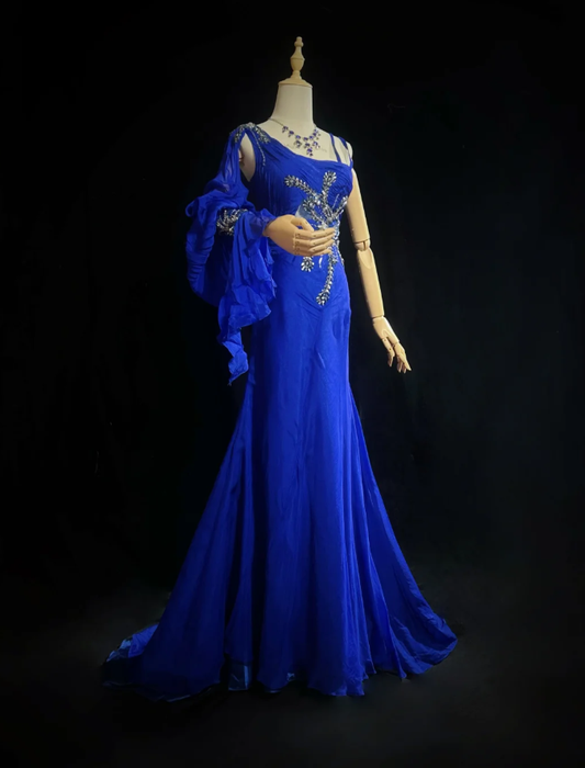 Pretty Royal Blue Chiffon Beaded Mermaid Long Evening Dress Birthday Prom Gown SP1439