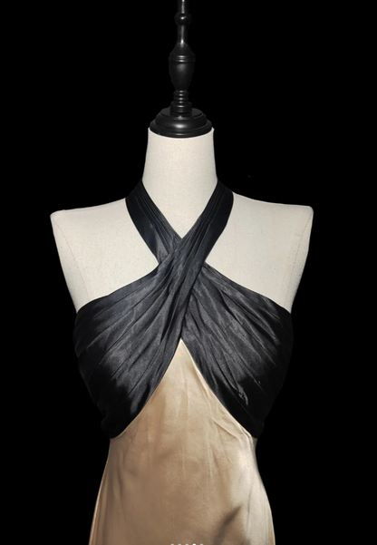 Vintage Champagne Halter Backless Long Wedding Guest Dress Mermaid Evening Dress SP476