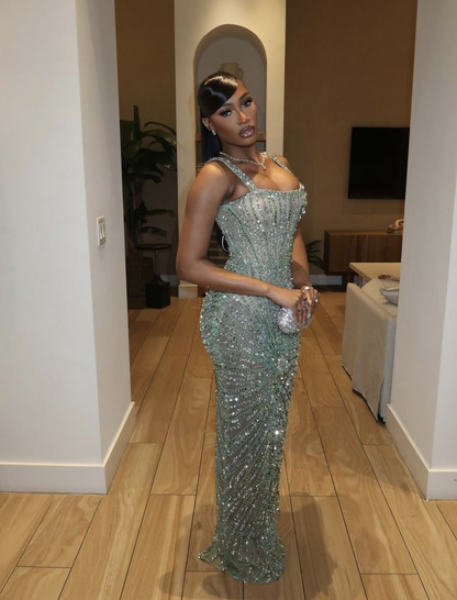 Sparkly Spaghetti Straps Green Tulle Sequin Beaded Sheath Long Party Dress 20th Birthday Prom Dress SP4006