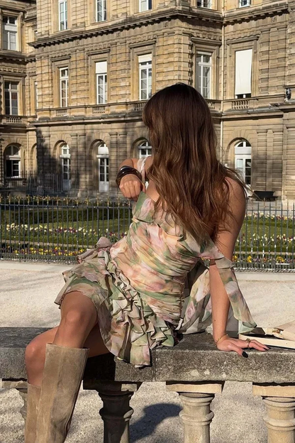 Pretty Off The Shoulder Chiffon Print Floral A Line Short Homecoming Dress Cocktail Dress SP3097