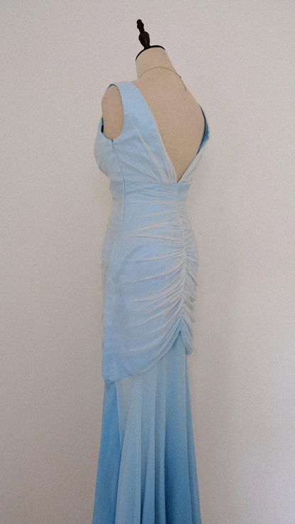 Elegant V Neck Ombre Blue Chiffon Beaded Mermaid Long Party Dress Evening Gown SP2287