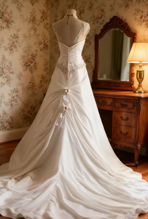 Classy White Strapless Satin Pleated Beaded Appliques Mermaid Long Wedding Dress SP670