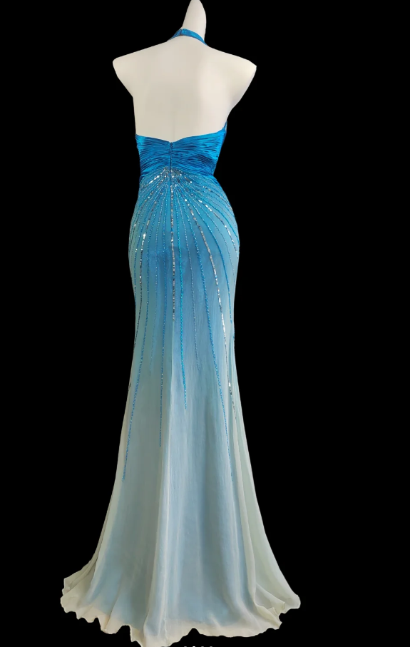 Chic Ombre Blue Halter Chiffon Sequin Beaded Slit Mermaid Party Dress Long Prom Gown SP416