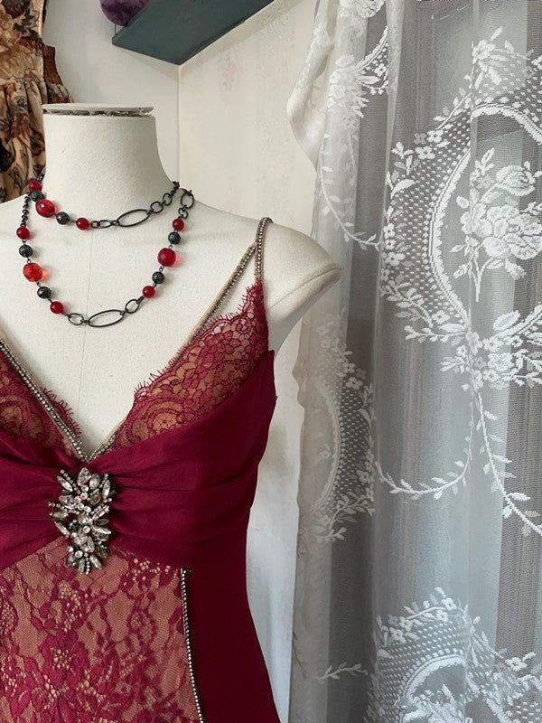 Vintage V Neck Lace Burgundy Long Prom Dress Mermaid Evening Dress Y8779