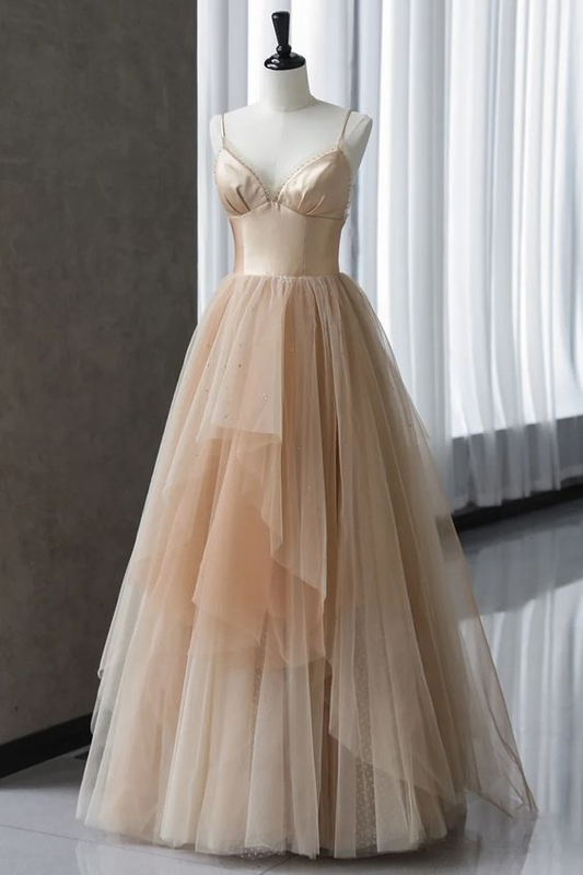 Beautiful Gradient Champagne Straps Low Back Long Formal Dresses, Champagne Prom Dress Y5914