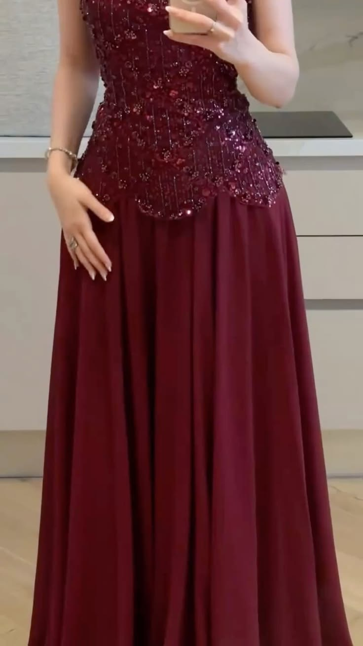 Gorgeous  Chiffon Sequin Beaded A Line Long Party Dress Burgundy Prom Gown SP4184