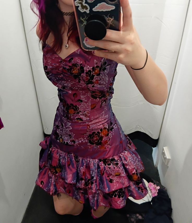Vintage Purple Satin Print Floral Short Homecoming Dress V Neck A Line Mini Prom Dress SP3586