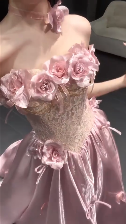 Glamorous Pink Strapless Satin Lace Long Prom Dress Party Gown With 3D Flowers SP2176
