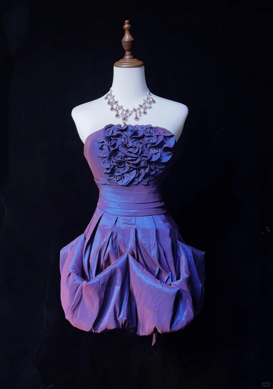 Cute Strapless Purple Satin Pleated A Line Short Graduation Homecoming Dress,Short Prom Gown SP2907