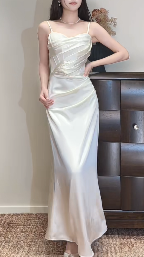 Simple Spaghetti Straps Ivory White Satin Pleated Long Bridesmaid Dress Wedding Guest Dress SP424