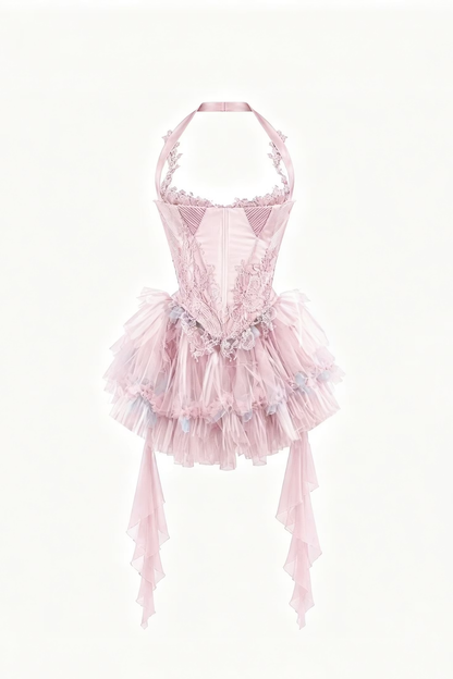 Shining Blushing Halter Sleeveless A Line Lace Tulle Ruffles Short Prom Dress Pink Short Homecoming Dress SP3801