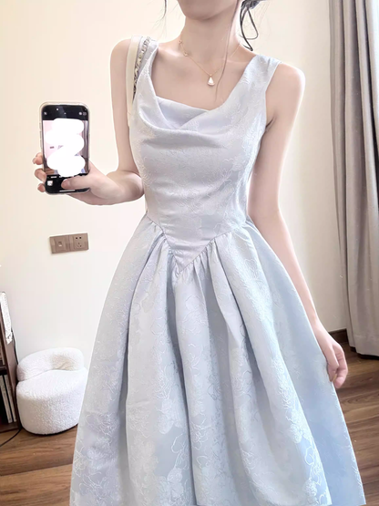 Unique Spaghetti Straps Blue Satin Print Floral A Line Long Birthday Prom Dress Evening Gown SP2027