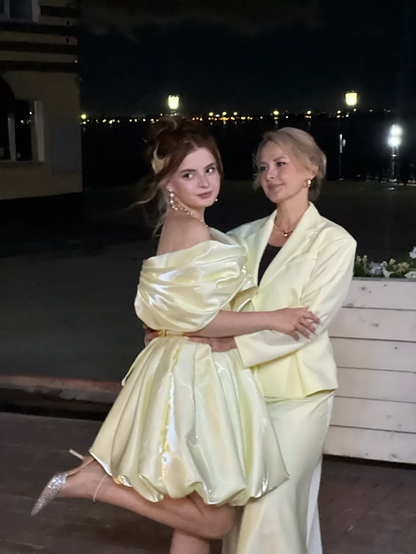 Elegant Off The Shoulder Satin Pleated A Line Short Birthday Dress,Yellow Short Homecoming Dress SP2799