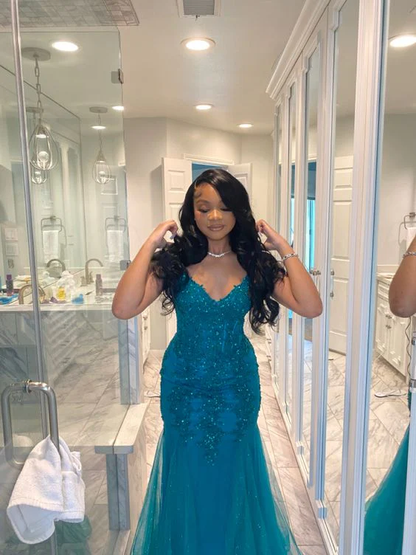 Dark Green Mermaid Tulle Lace Prom Dress Winter Formal Gown  Y4169