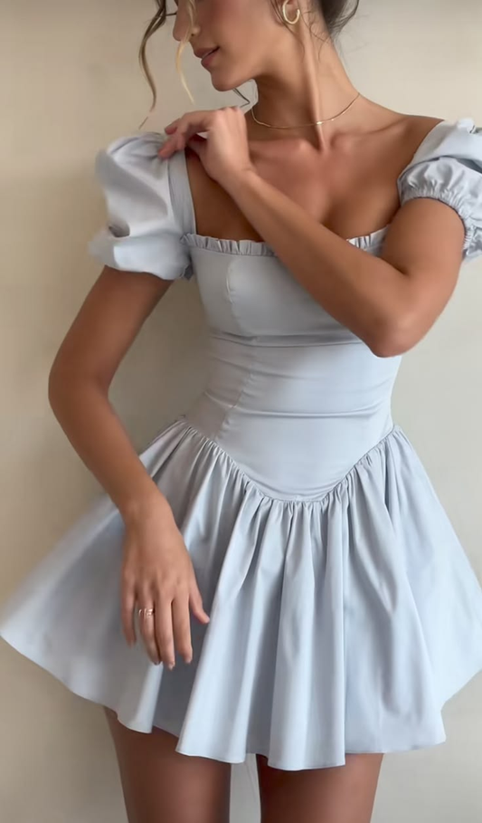 Elegant Blue Square Neck Puff Short Sleeve 7th Grade Homecoming Dress Satin A Line Mini Birthday Dress SP2746