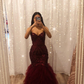 Burgundy tulle sequins long mermaid prom dress evening dress Y6351